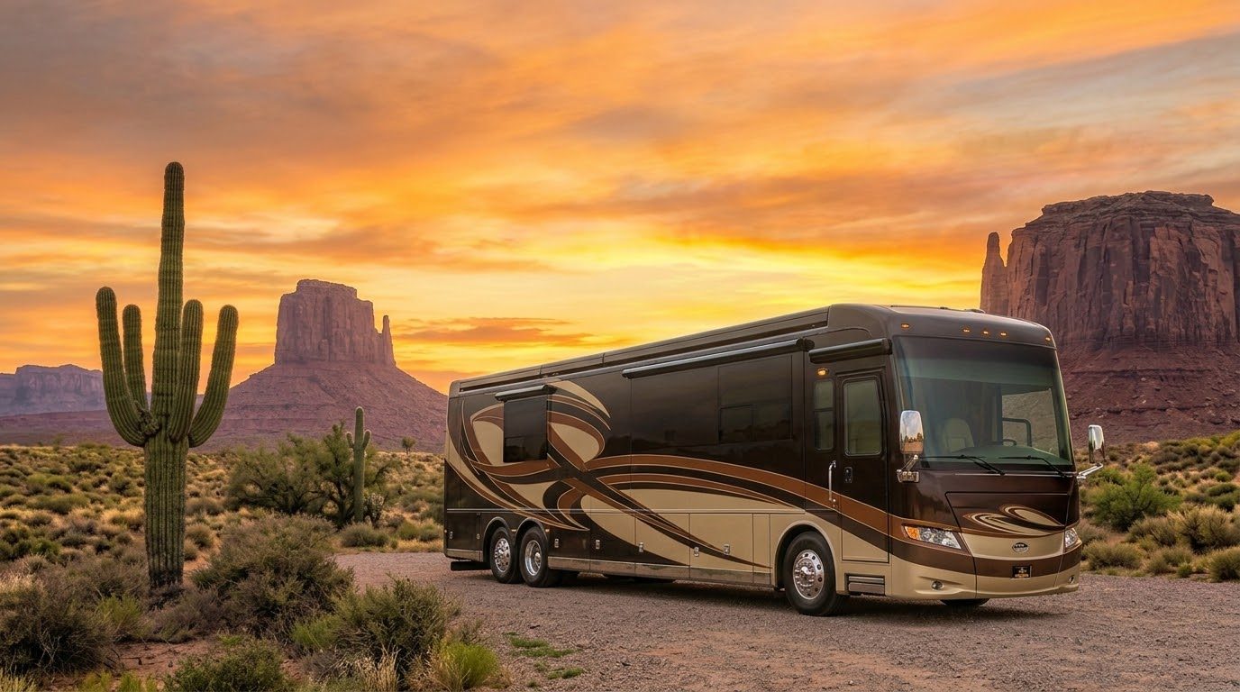A luxury motorcoach parked in the desert at sunset